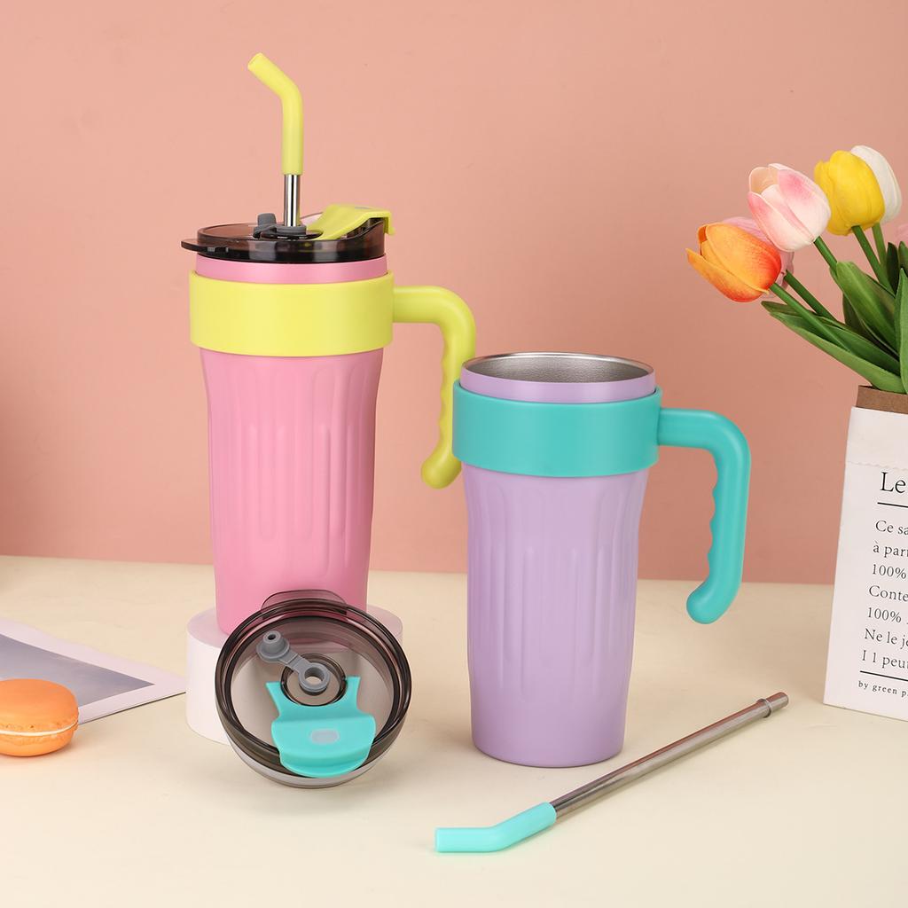 New Dopamine Handle Cup Double-layer Vacuum Large-capacity Straw Thermos Cup Outdoor Portable Car Ice Cup