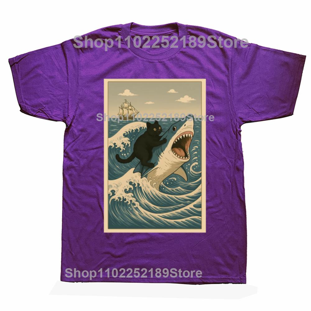 

Funny Cat Riding Shark Meme Art Wave Graphic T-shirts Men Women s Fashion Casual Tshirt 100% Cotton Loose Oversized T Shirt 4XL