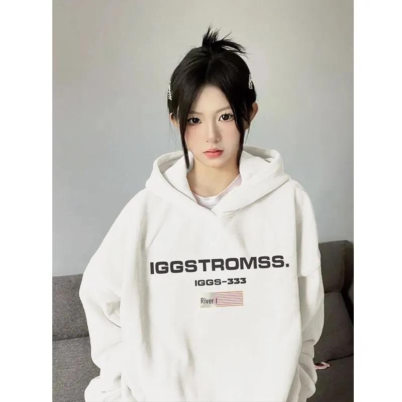 

Heavyweight Cotton American Letter Print Hooded Sweatshirt - Unisex, Loose Fit for Spring, Autumn, Winter Thin - White