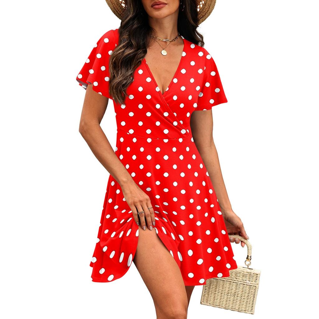 Women Casual V Neck Polka Dot Print Short Sleeve Wrap Dress Lightweight Summer Dress with Flared Skirt