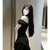 Black irregular dress women's ruffle edge 2026 summer new one-word shoulder sexy skirt women's waist