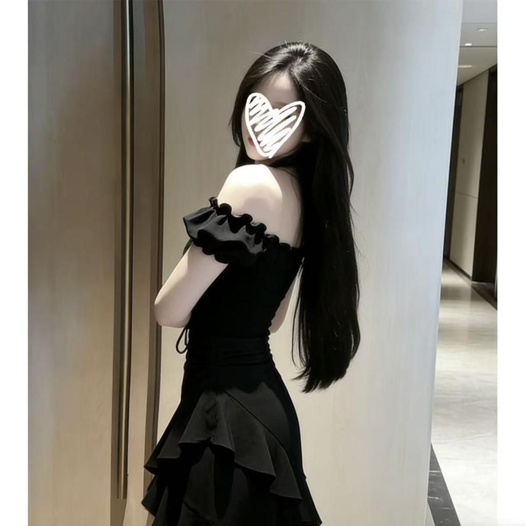 Black irregular dress women's ruffle edge 2026 summer new one-word shoulder sexy skirt women's waist