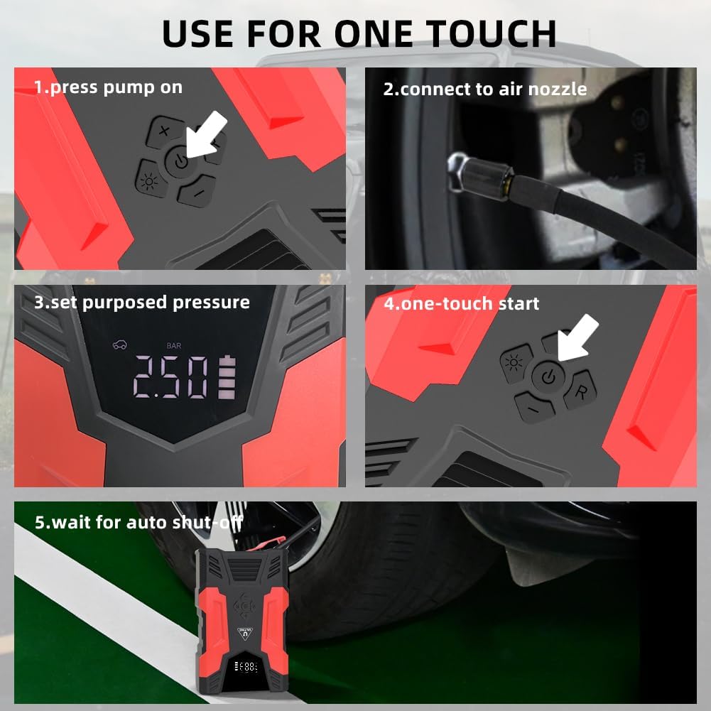 Jump Starter with Air Compressor Portable Jump Pack for Car Battery 150PSI 12V Air Pump with Air Compressor Portable Power Bank Charger LCD Display