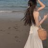 French Retro Satin Sexy Super Fairy Solid Color Suspender Dress On The Beach Vacation Style Backless Beach Long Skirt for Women