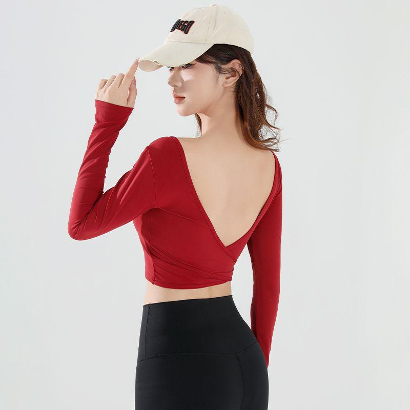 

V-Type Beauty Back Exercise Tops Women s One-Piece Cup Sexy Backless Slim Fit Yoga Long Sleeve Square-Neck Quick-Drying Workout Clothes Women Anco Red Fixed Coaster S