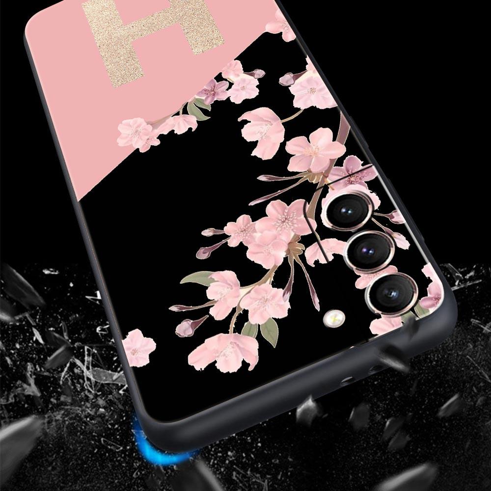 Golden Letter Flower Phone Case For Samsung Galaxy S26 Ultra S25 Plus S24 FE S23 S22 5G S21 S20 Cover Black Soft