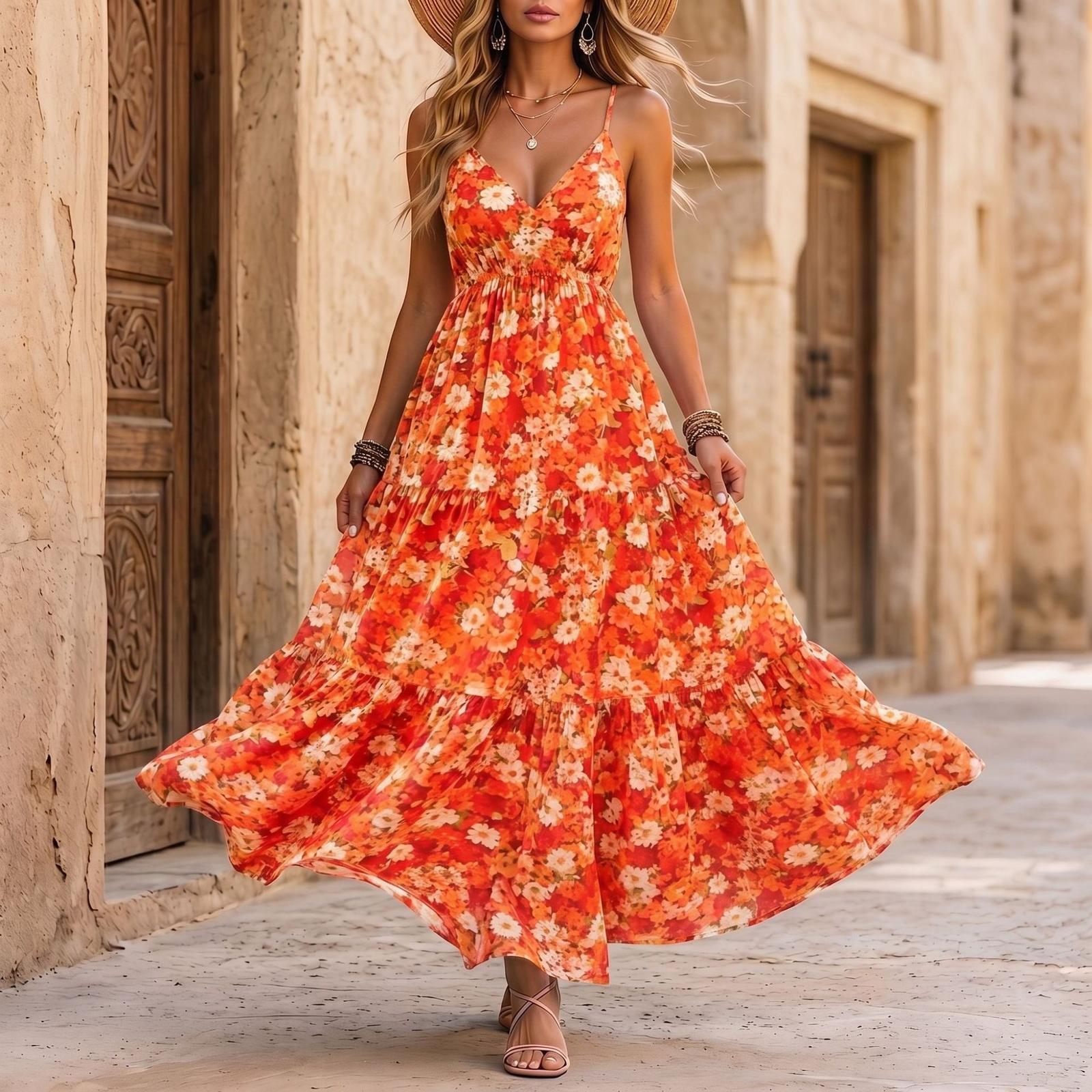 

Women’s Casual Floral Print Spaghetti Strap Maxi Dress Lightweight Sleeveless Beach Holiday Long Sundress Loose Fit Summer Dress M шафрановый