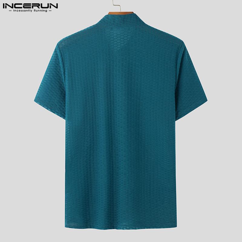 INCERUN Summer Men Stand Neck Short Sleeve Semi-Sheer Texture Skinny Casual T-shirts Tops