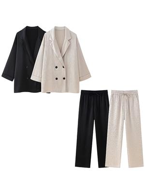 Women Fashion 2 Piece Set Solid Double Breasted Blazer & Vintage Elastic Waist Trousers Female Chic Lady Pants Sets Plus Size