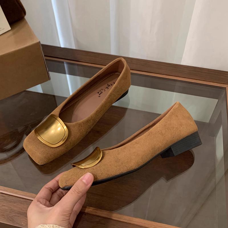 Fashion SUOJIALUN 2025 Autumn New Brand Women Flat Shoes Fashion Gold Buckle Square Toe Shallow Slip On Boat Shoes Flat Heel Single Shoe