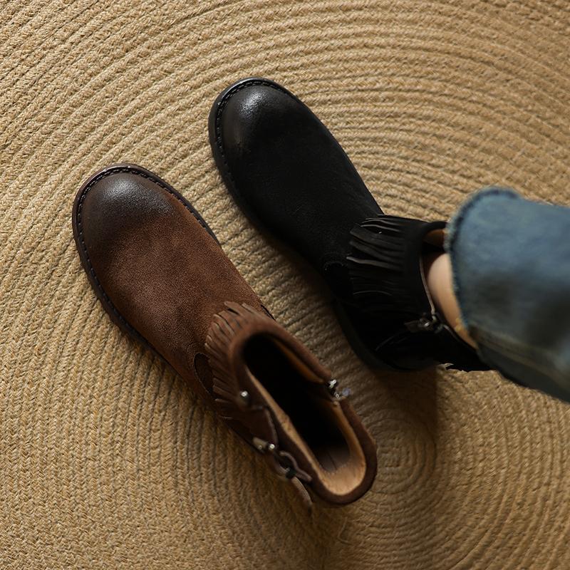 Fashion 2025 New Autumn Women Boots Round Toe Med Heel Cow Suede Leather Women Shoes Zipper Tassels mid-calf Boots Modern Boots