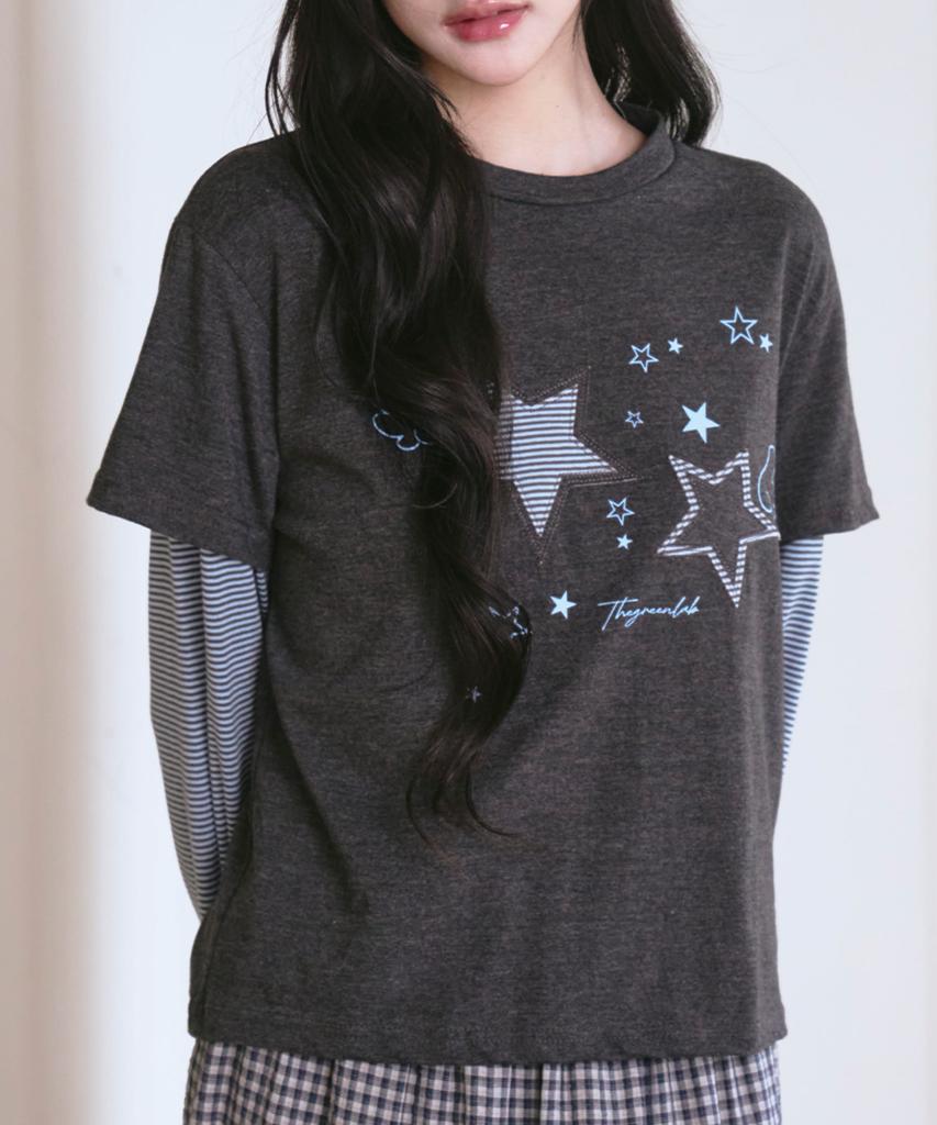 THE GREEN LAB Star Patch St Layered T-Shirt [Charcoal Gray]