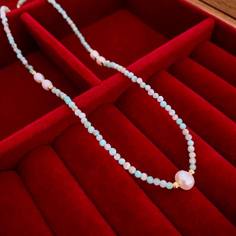 Vergoldete Amazonit- & Perlenkette - Elegante Schlichte Schlüsselbeinkette, Vielseitiger High-End-Schmuck