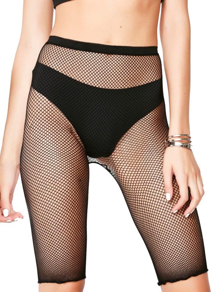 Women'S Sexy Nylon Seamless Mid-Thigh Length Fishnet Tights Black Thin Ins Trendy Mesh Hollow Out Knee-Length Shorts Pantyhose
