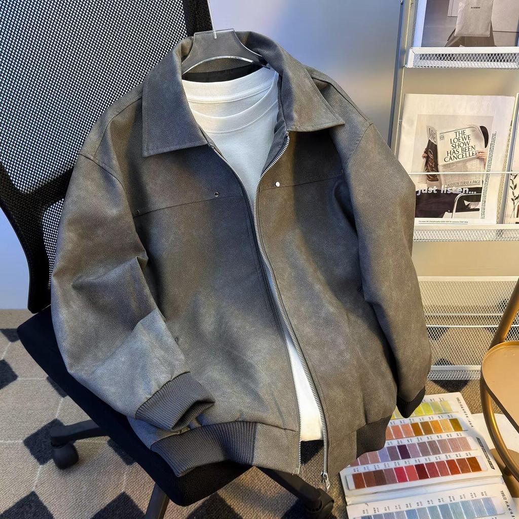 Men's Trendy Retro Brown Leather Baseball Jacket - Suede, Short, Roguish Style for Spring/Autumn