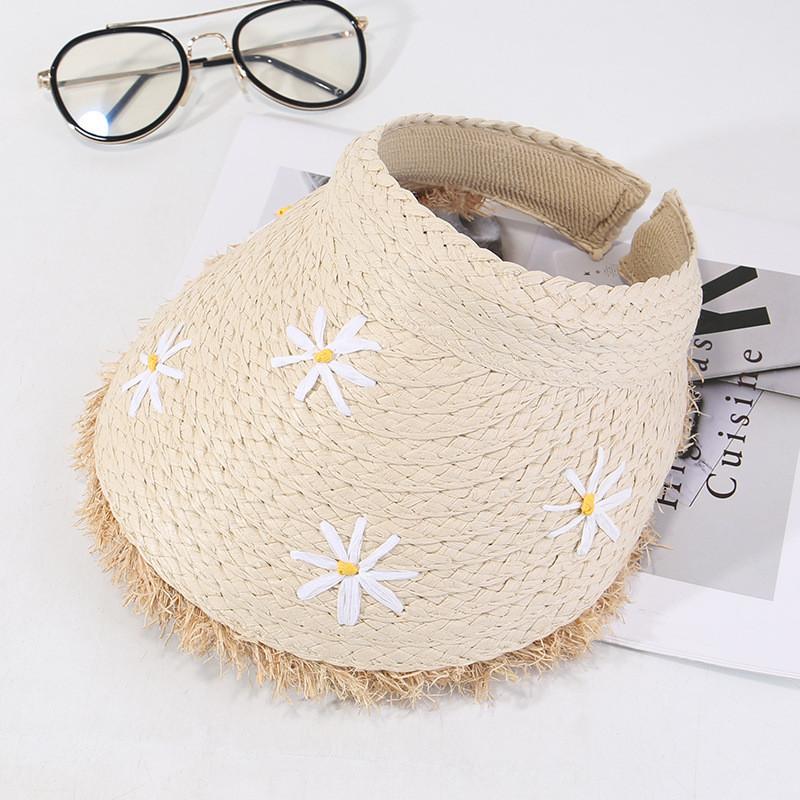 Summer Straw Hat With Daisy Print Wide Brim Sun Protection For Women Outdoor Casual