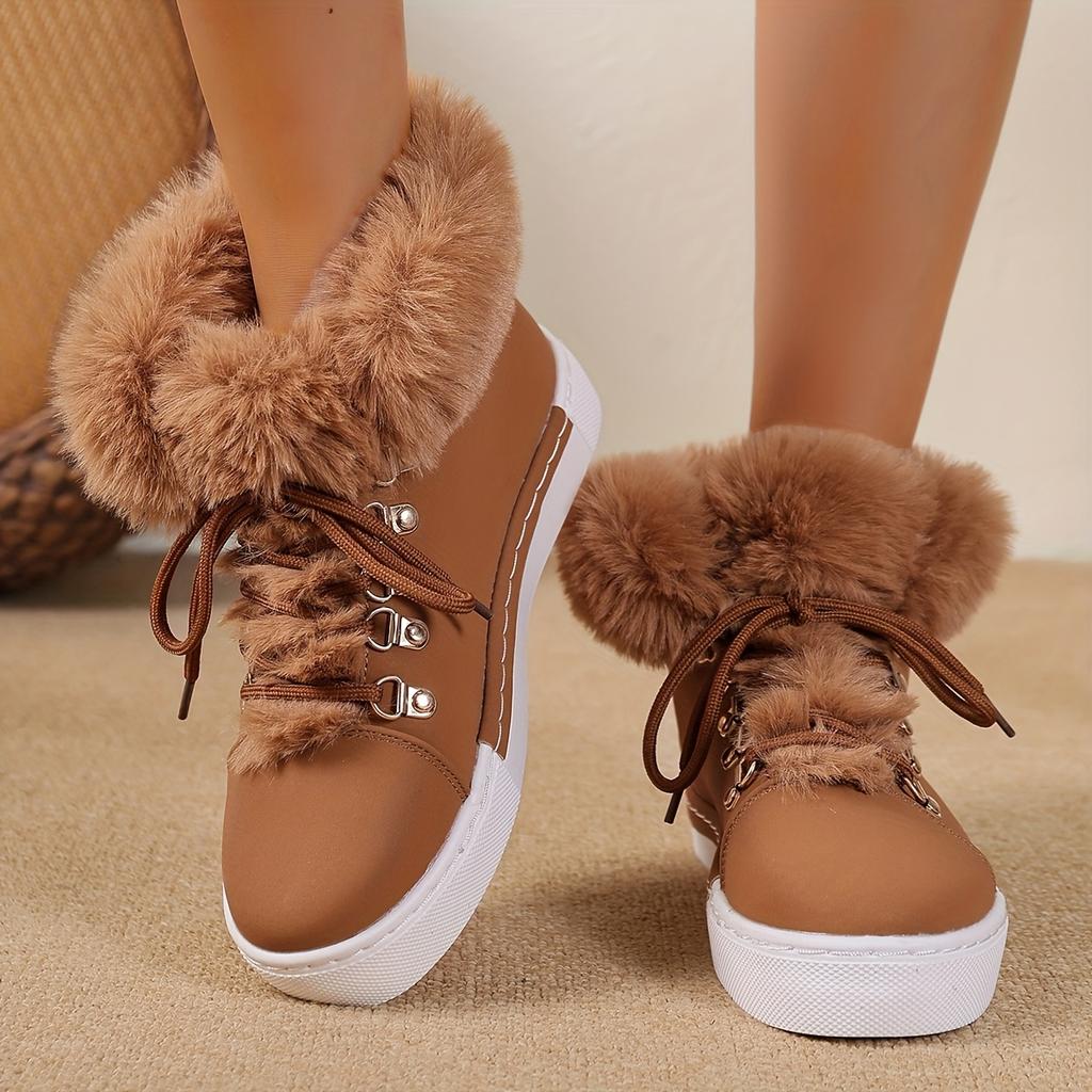 Women's Plus Size Warm Shoes, Round Toe Lace-Up Flat Buckle Faux Fur Trim Casual Athletic Snow Boots