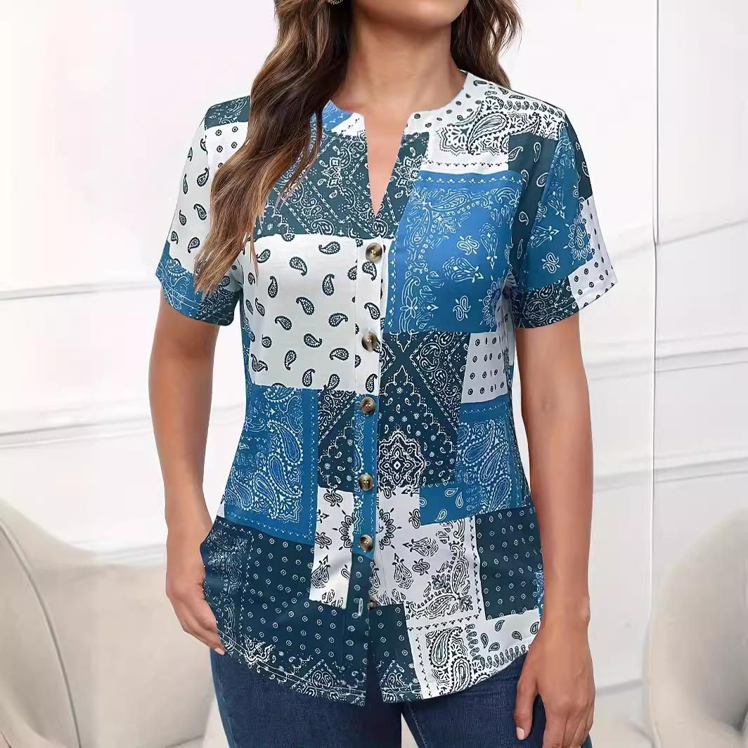 

QICED Весенне-летняя женская кофта в национальном стиле с принтом, футболка с коротким рукавом XXXXXL синий