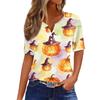 Women's Casual V-Neck Short Sleeve Button Front T-Shirt with Halloween Print