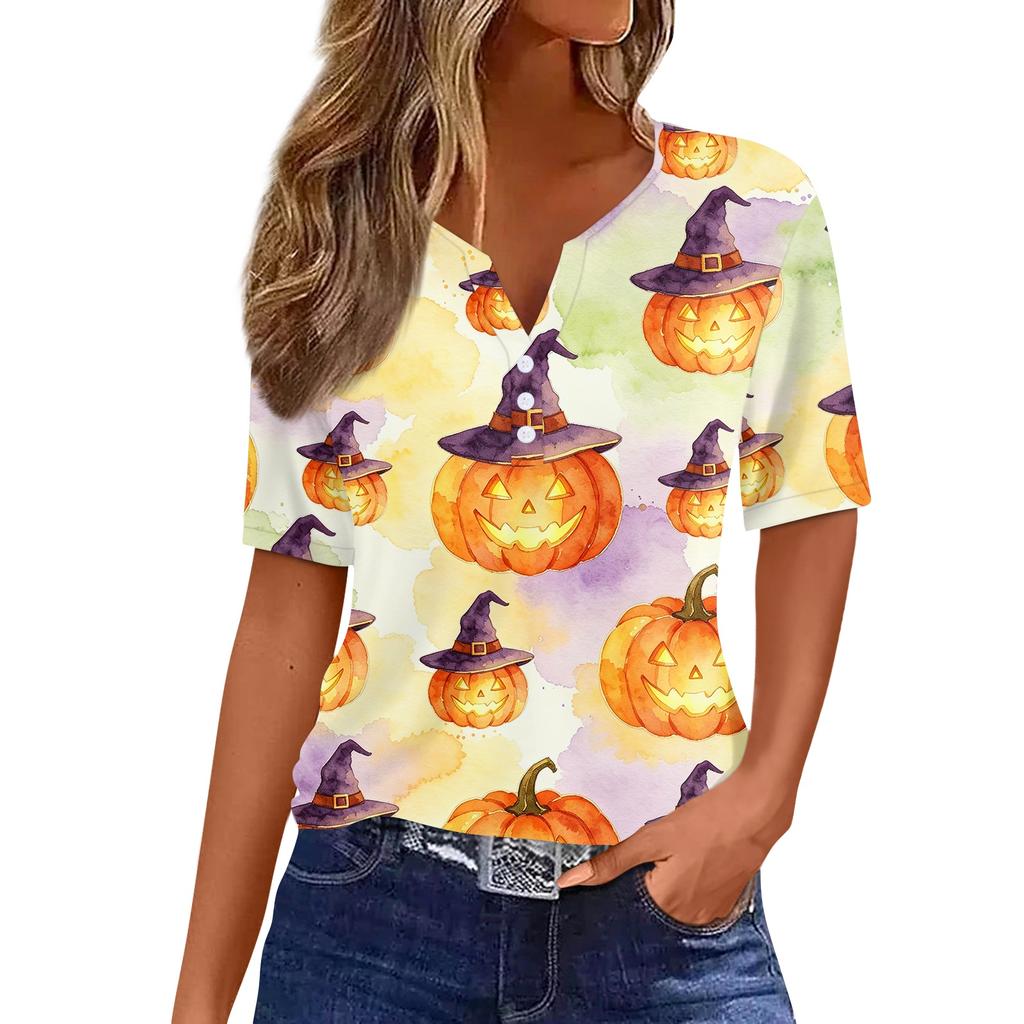 Women's Casual V-Neck Short Sleeve Button Front T-Shirt with Halloween Print