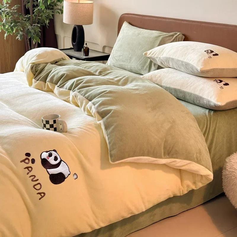 2025 high gram weight thickened warm cute cartoon milk fleece four-piece set embroidered baby fleece double-sided fleece bedding