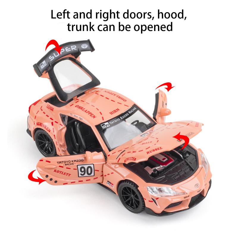 Model de mașină de jucărie modelată sub presiune Toyota Supra GT4 la scară 1/32, vehicul de jucărie cu sunet și lumină pentru copii, copii mici, băieți, fete, colecție de cadouri