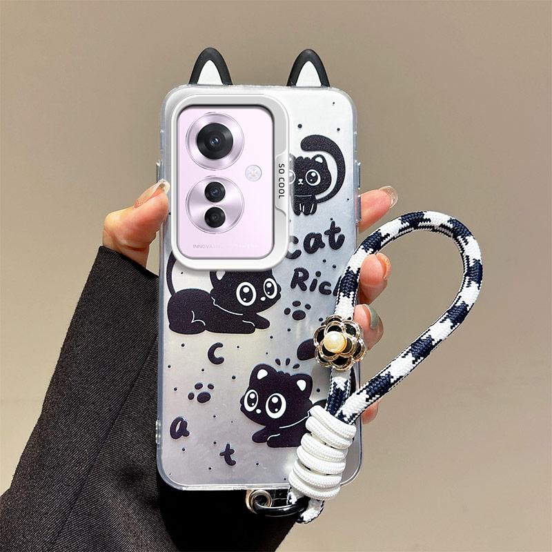 KEYSION Cute Ear Cartoon Case for OPPO Reno11 F 5G with Lanyard Soft Silicone+PC Shockproof Phone Back Cover for OPPO Reno 11F 5G
