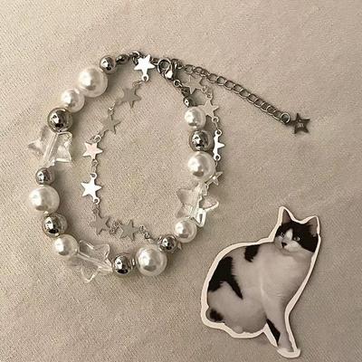 Harajuku Crystal Star Pentagram Pērlīšu rokassprādze sievietēm Vintage estētiskais šarms divslāņu ķēdes rokassprādze, rotaslietas dāvana