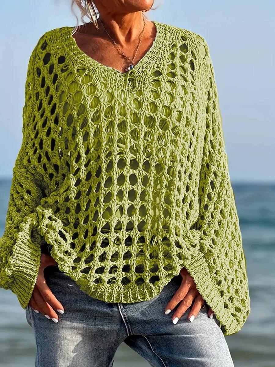 

New Sexy Hollow Knit Sun Protection Shirt Summer Vacation Knit Top for Women Spring and Summer Outerwear Beach Cover-up Loose Top XL шартрез