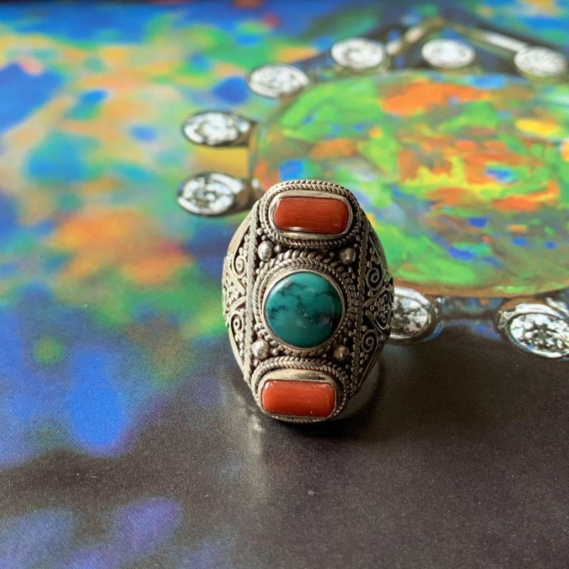 Handmade Red Turquoise Open Ring Tibetan Retro Turquoise Jewelry