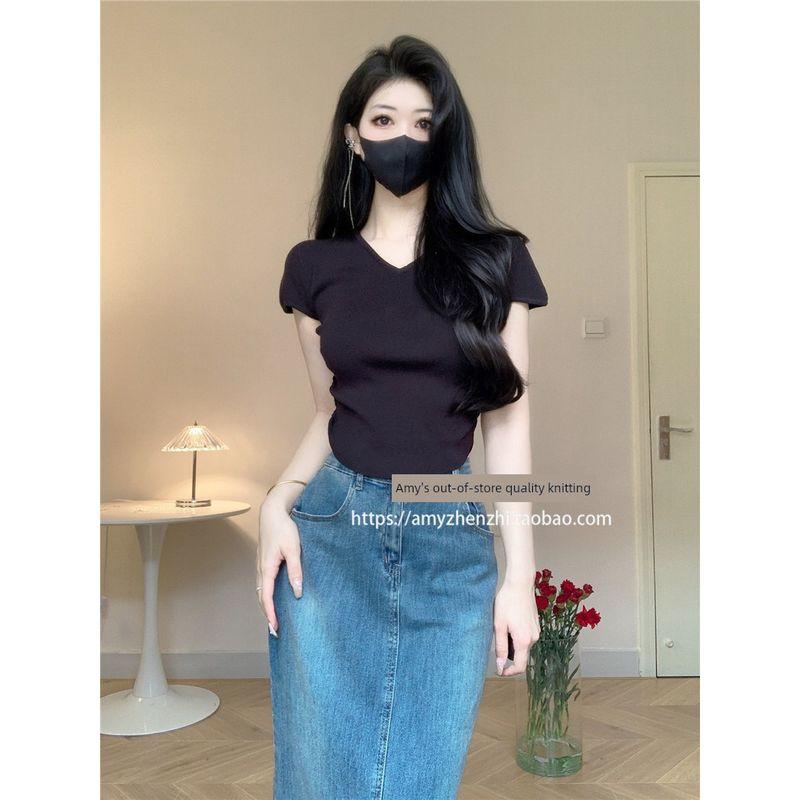 

V Neck Women s Easiest for Match Pure Color Thin Slimming Ice Silk T-shirt Black S