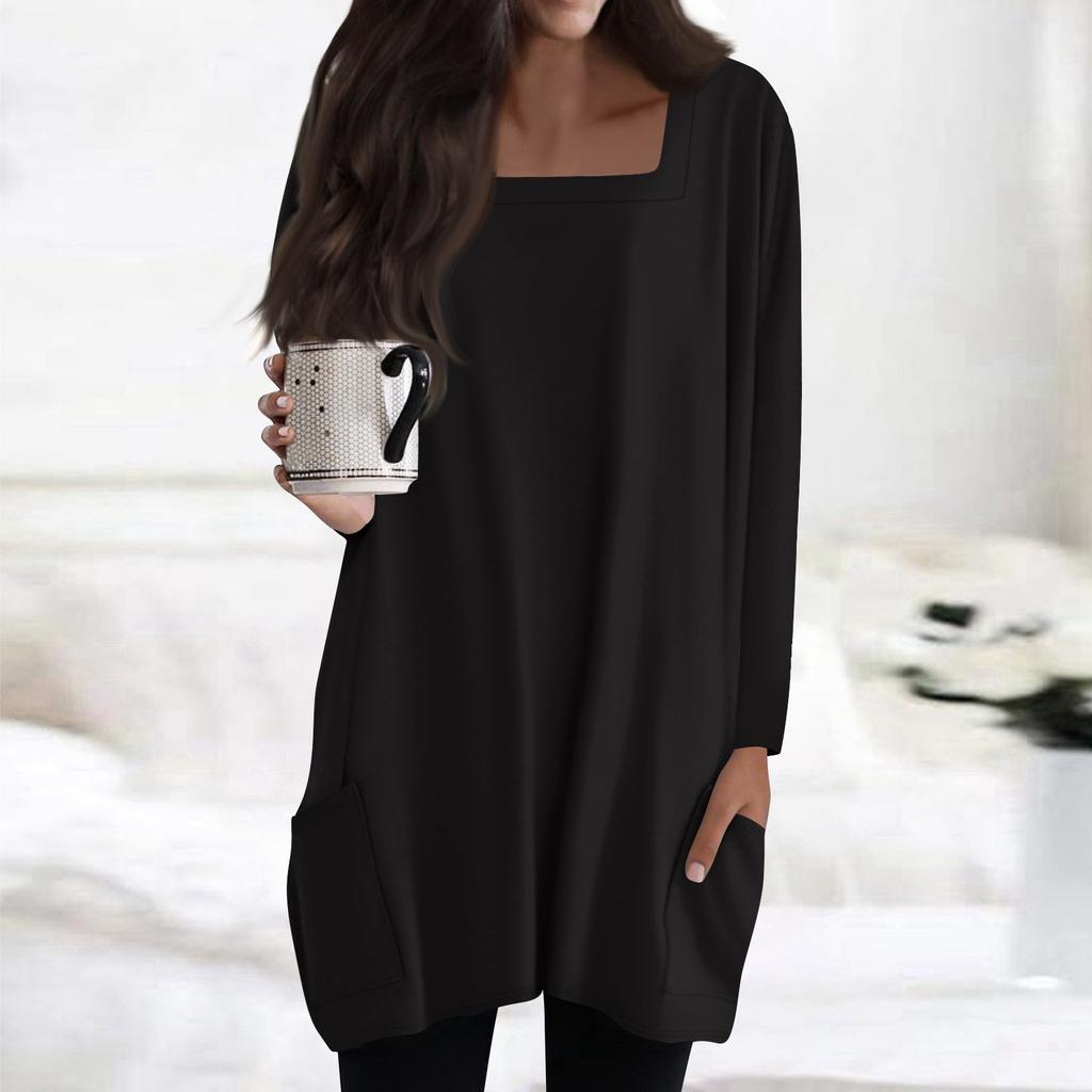 Womens Tops Square Collar Long Sleeve Blouses Casual Mid-length Shirts Fashion Print Tunic Tops With Pockets