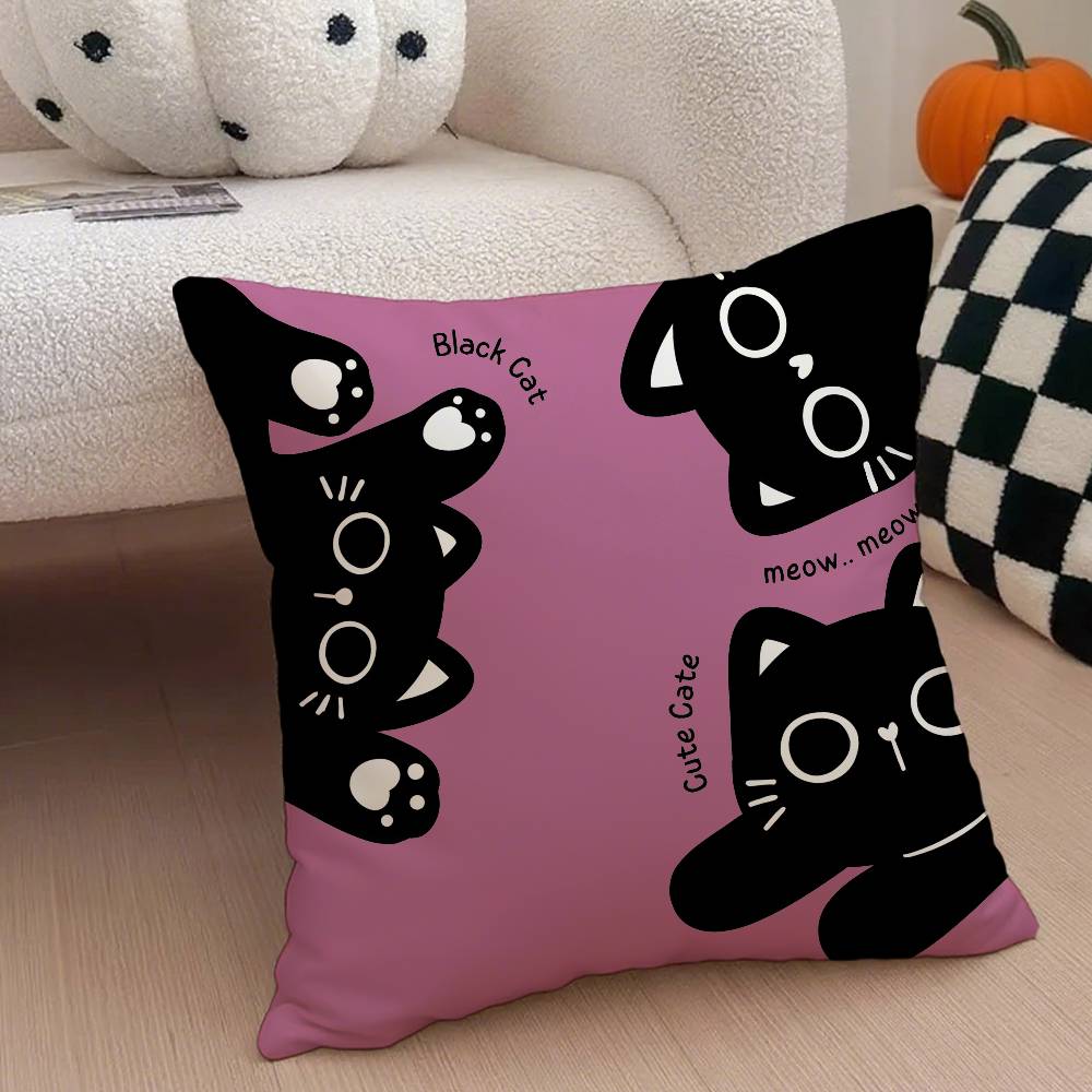 Cute Cartoon Little Black Cat Pillow Case Anti-dustmite Pillowcase Invisible Zipper Silky Short Plush Sofa Cushion Cover