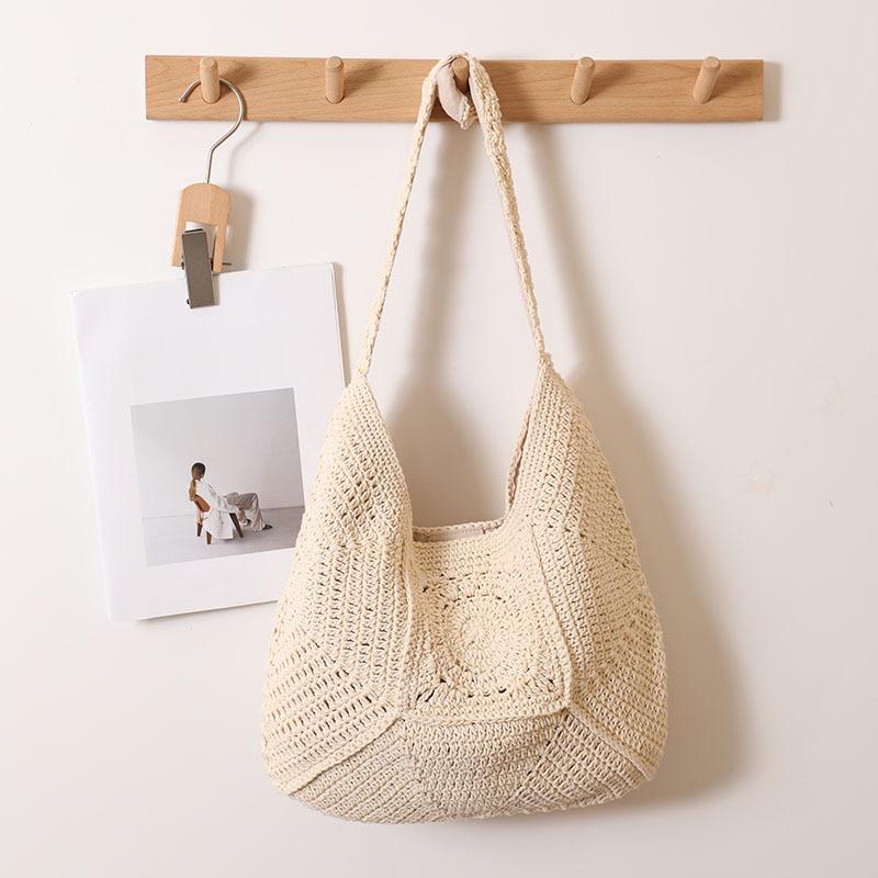 

Large Capacity Woven Tote Bag Cotton Thread Woven Flower Grid Vacation Beach Bag Bohemian Style Grass Woven Women Shoulder Bag бежевый