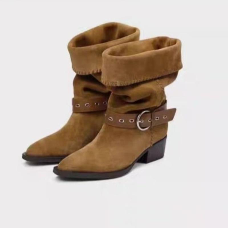 Fashion Pile Boots Women's Fall New Vintage Pointed Toe Suede Studded Metal Buckle Block Heel Western Cowboy Boots