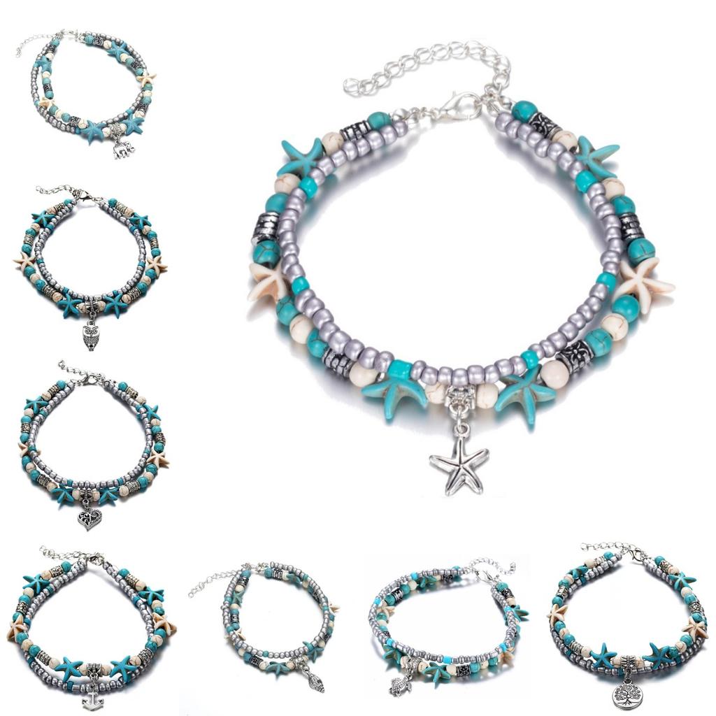 Vintage Turquoise Starfish Turtle Foot Ornaments Beach Layer Beaded Hollow Double Anklet for women Valentine's Day Gift