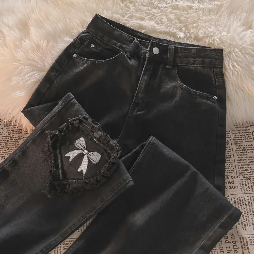Damen High-Waist Schwarze Love Schleife Bestickte Jeans - Neuer Frühling/Herbst Stil mit Geradem, Lockerem Weitem Bein
