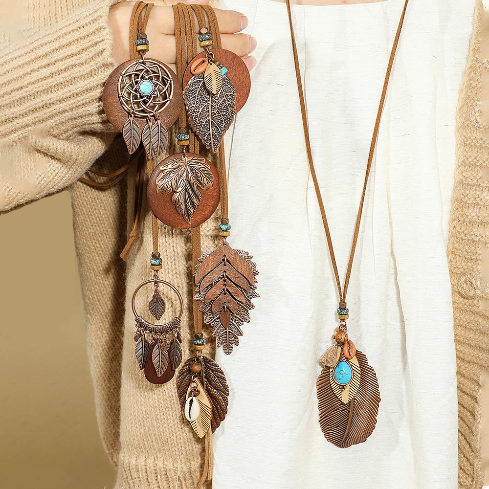Set di 7 collane lunghe Boho con ciondoli marroni, catena per maglione, design con conchiglia turchese, gioielli tribali, decorazioni per feste, sollevatori