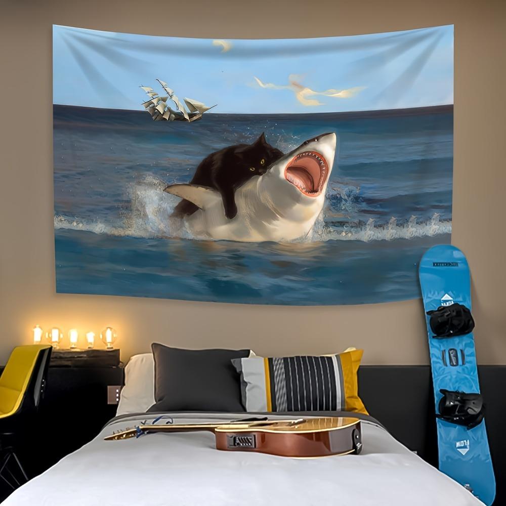Cat And Shark Battle Art Tapestry Fantasy Landscape Art Room Dormitory Home Decoration Art Wall Hanging