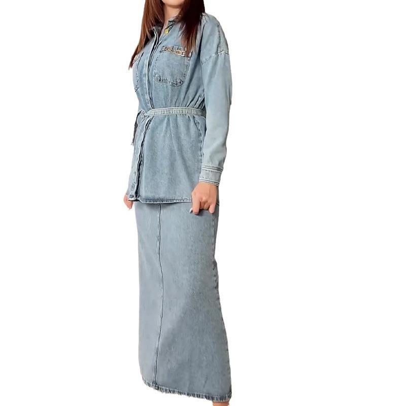 Spring Autumn European American Fashion Distressed Washed Casual Denim Blouse Skirt Suit Trend