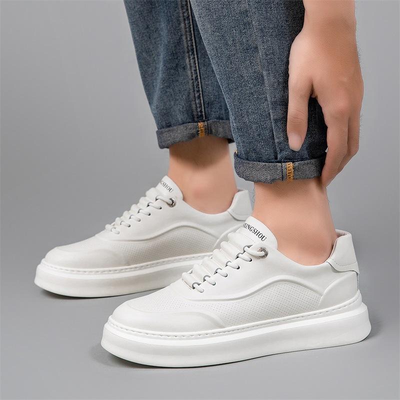 Designer Shoes for Men Genuine Leather Casual Platform Shoes White Thick-soled Flat Skateboard Shoes Cool Sneaker