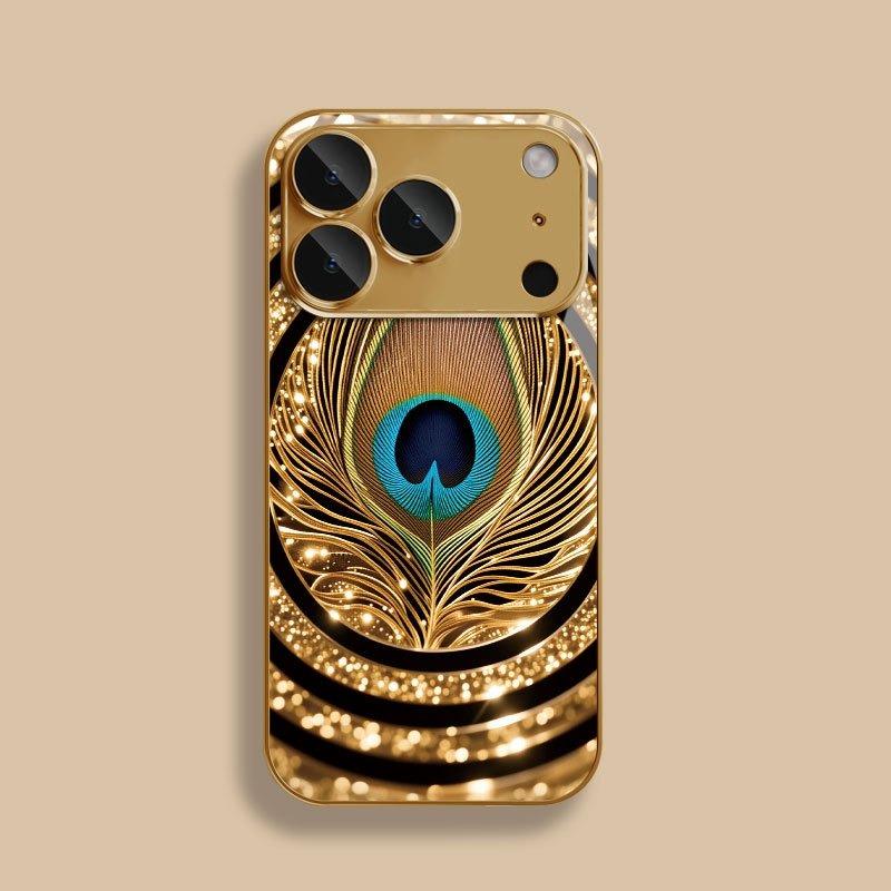 Golden Peacock Feather Pattern Gold Metallic Glass Phone Case For iPhone 11 12 13 14 15 16 17 Pro Max 14 Plus 17 Air 16E Cover