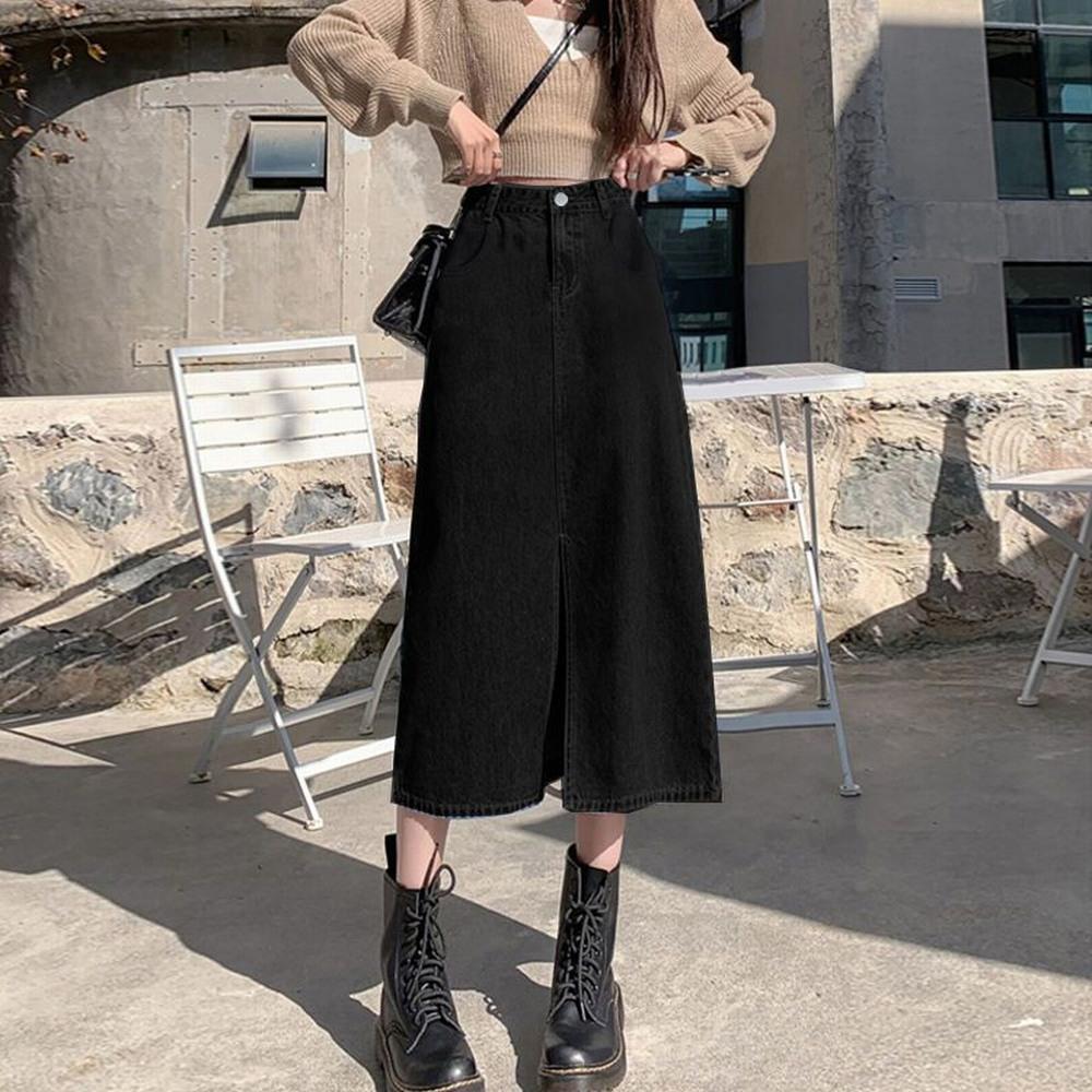 Letní dámská sukně s vysokým pasem, retro A-linie, kapsy, přední rozparek, modrá džínová sukně, zakrývající boky, rovná dlouhá džínová sukně