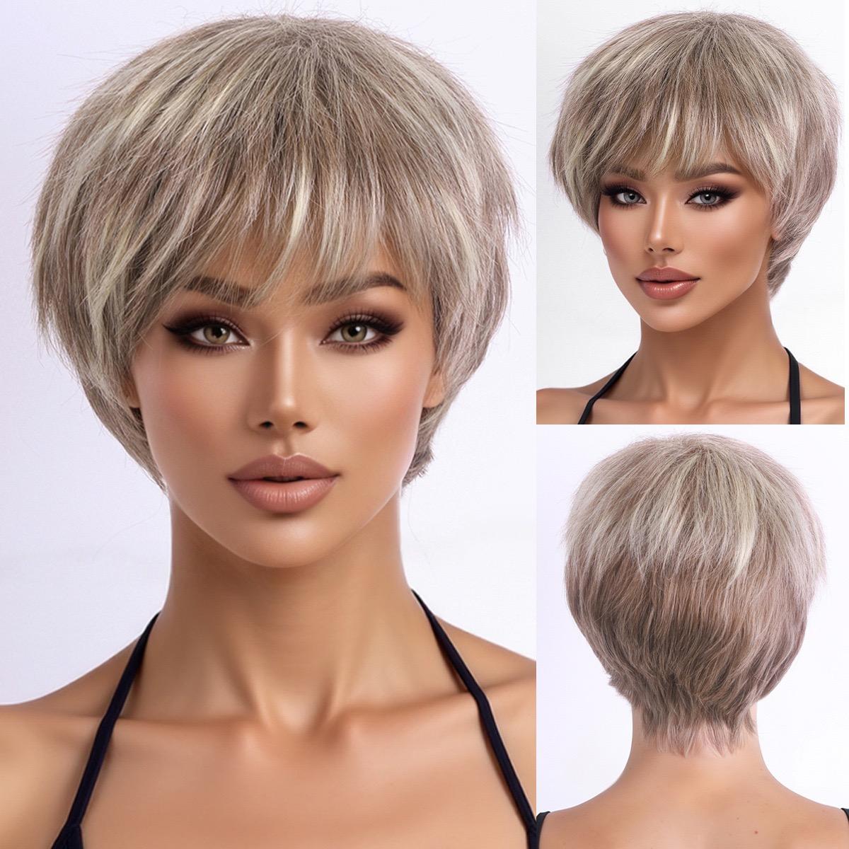 

Blonde Brown Ombre Short Synthetic Wig, Women s Layered Pixie Bob Wig with Bangs