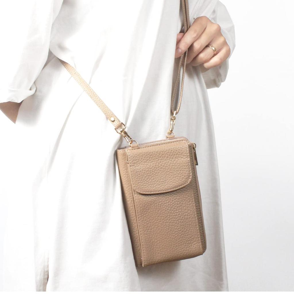 Blanc Pomme Women's Smartphone Pouch, Wallet, Embossed Genuine Leather, Shoulder Strap, Small, Crossbody Bag, Mini Bag, Bp-1072, Beige