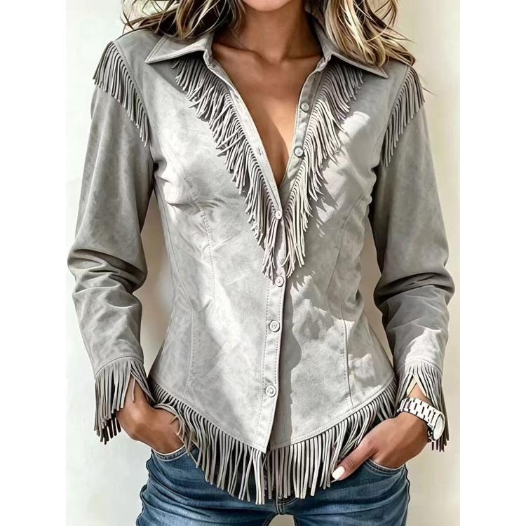 Women's Fringe Shirt Casual Turn-down Collar Single Breasted Long Sleeve Solid Color Blouse