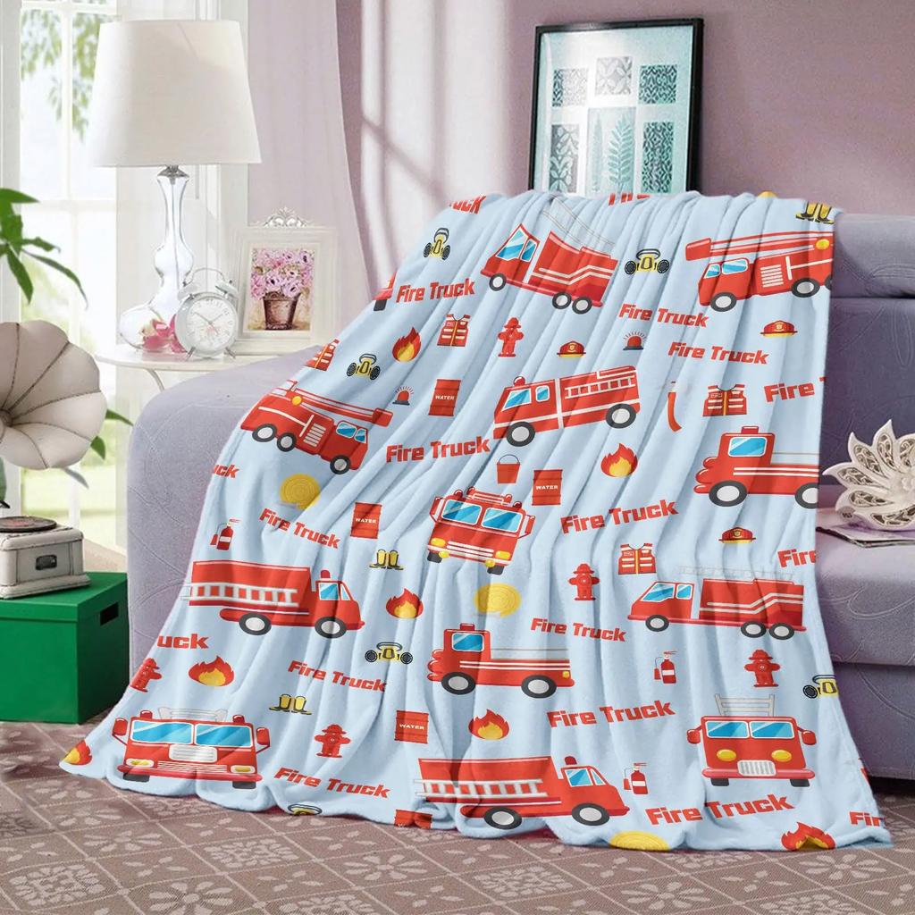 Red Cartoon Fire Truck Car Throw Blanket Fire Fighting Equipment Fire Extinguisher Flannel Blankets for Boys Girls Birthday Gift