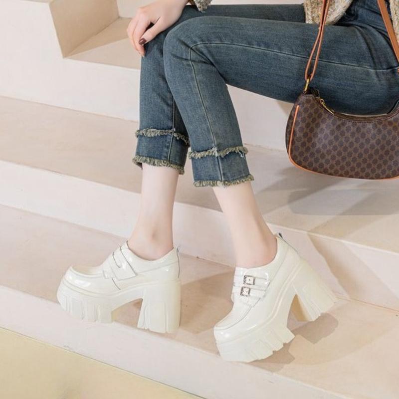 2025 New Leather Buckle Shoes for Women High Heel Wedding Brides Pumps Platform Elegant Loafers Wedge Retro Lolita Fashion Pumps