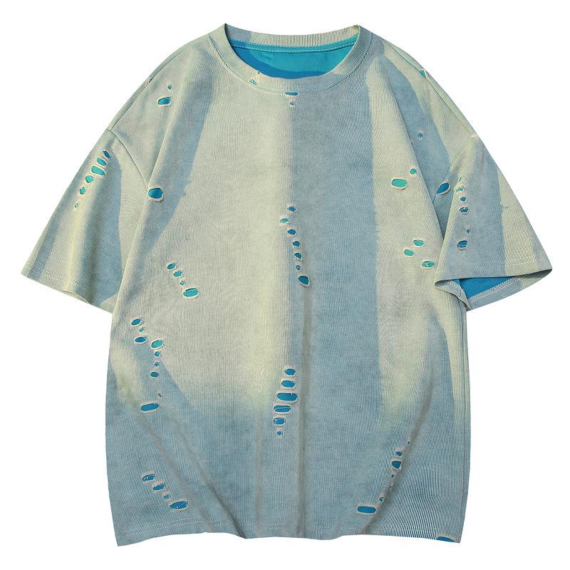 2025 Loose Crew Neck Short Sleeve T-Shirt Summer Men s American Net Edition Couple Fashion Personality Ripped Retro Top M синий