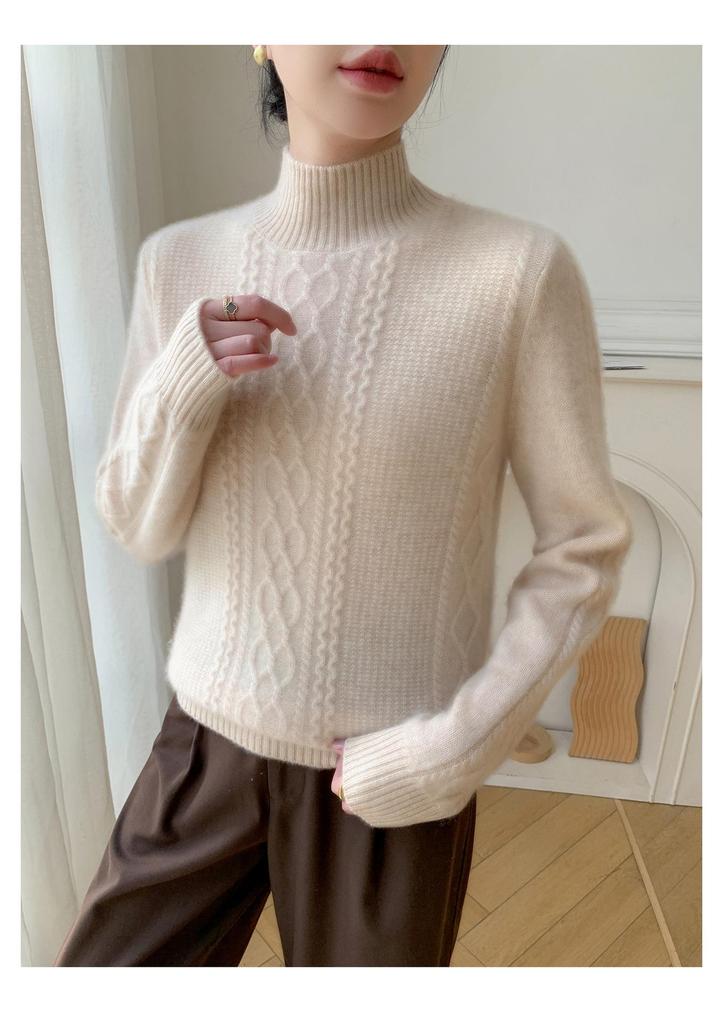 2025 Cashmere Sweater: Half-High Neck, Diamond Cable Knit, Long Sleeve, Loose Fit, Thickened Base Layer.
